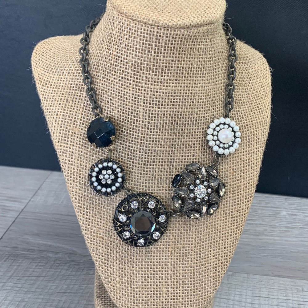 Lia Sophia Asymmetrical Bib Necklace Antique Brass Black Pearl Crystal 4811